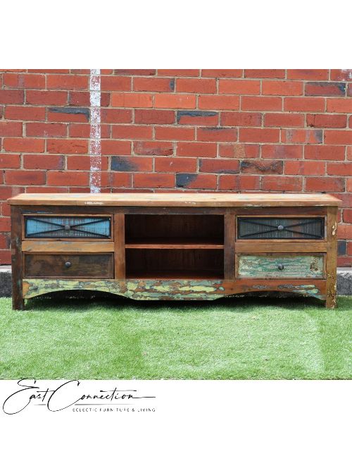 Rustic Recycled Timber Iron Detail Entertainment TV Unit