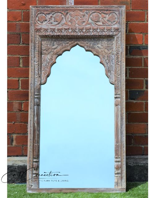 Whitewashed Vintage Indian Mehrab Antique Mirror