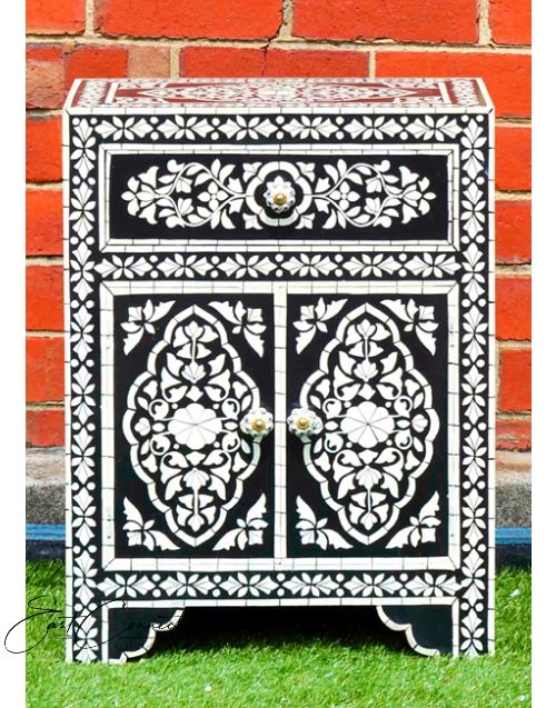 Black Hand Painted Bone Inlay Bedside Cabinet