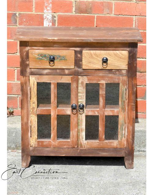 Vintage Recycled Timber & Glass Bedside Cabinet