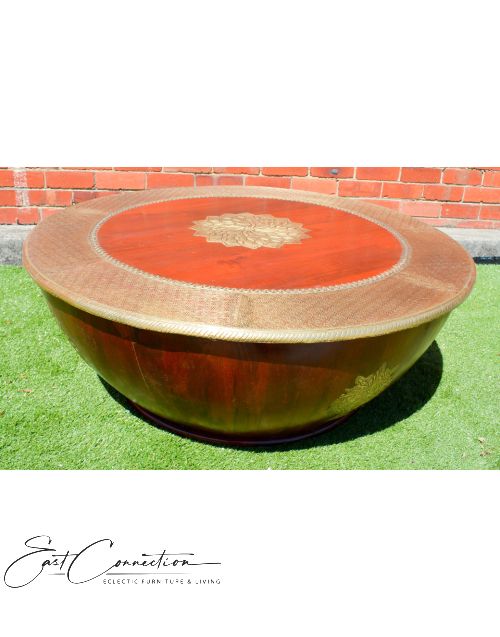 Indian Brass teak fitted drum round coffee table