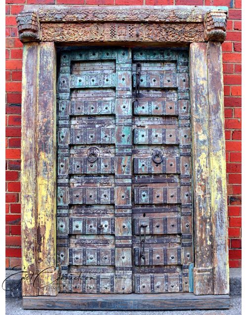 Green Hand Carved Antique Indian Timber Entrance Doors