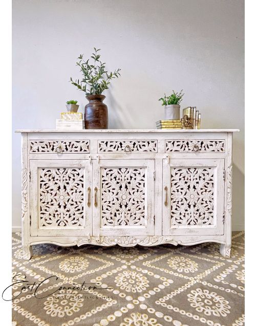 White Hand Carved French Provincial Sideboard Buffet