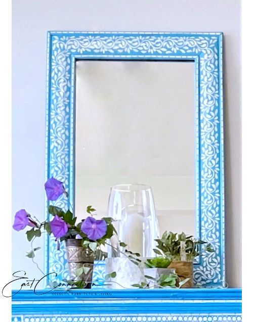 Blue Floral Bone Inlay Handpainted Boho Mirror