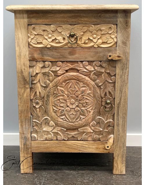 Hand Carved Timber Mandala French Country Bedside Nightstand Side Table