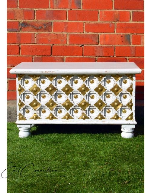Rustic Antique White Embossed Brass Fitted Chest