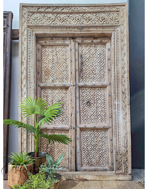 Whitewashed Hand Carved Floral Pattern Indian Antique Timber Door