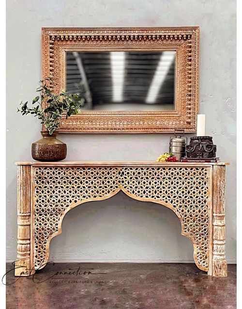 Distressed Timber Indian Carved Mehrab Console/Hall Table