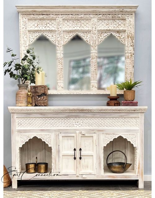 Indian Hand Carved Timber Mehrab Distressed White Vanity Console Table