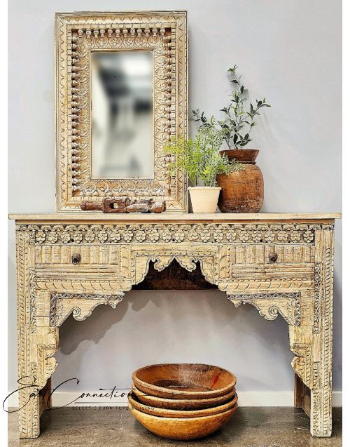 Reclaimed Indian Hand Carved Antique Timber Console Hall Table with Drawers