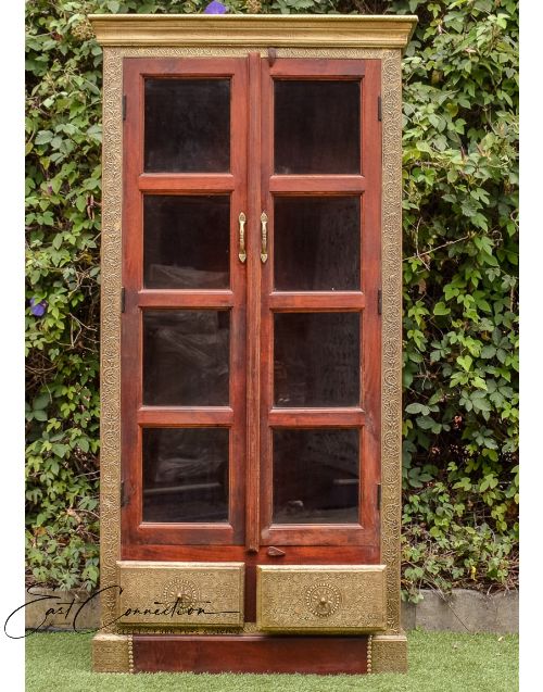 Indian Teak Embossed Brass Glass Door Display Cabinet