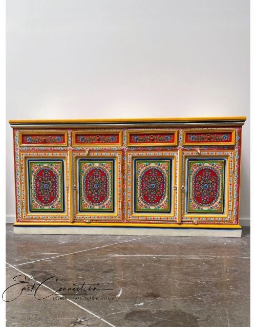 Yellow Hand Painted Indian Floral Pattern Buffet Sideboard