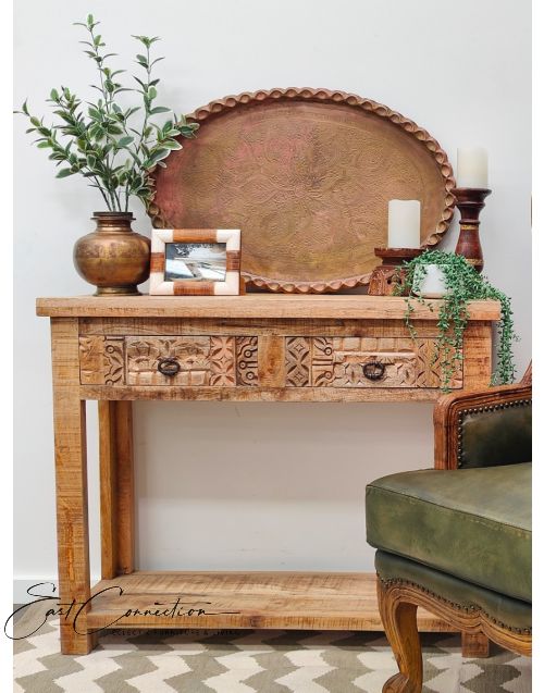 Hand Carved Natural Timber 2 drawer console hall table