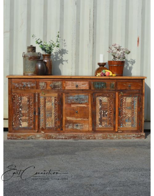  Solid Recycled Timber Hand Carved Country Sideboard Large Buffet Cabinet