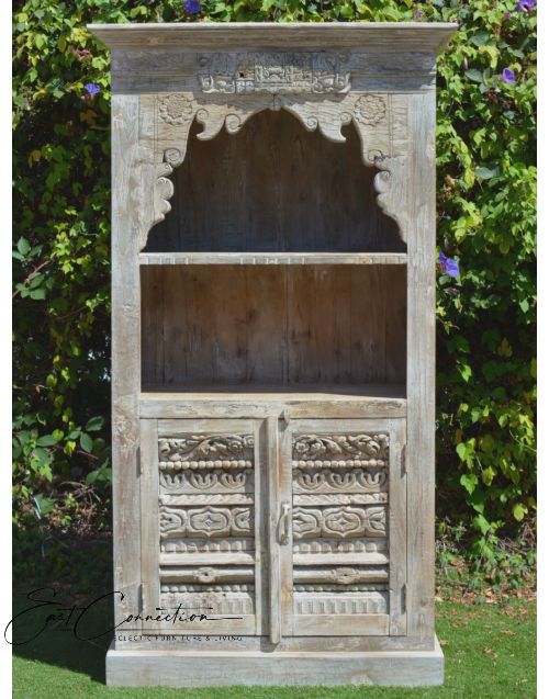 Antique Whitewashed Reclaimed Timber Hand Carved Bookshelf Cabinet