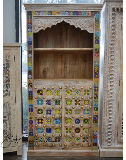 Hand Carved Distressed Timber Moroccan Tile Brass Display Shelf
