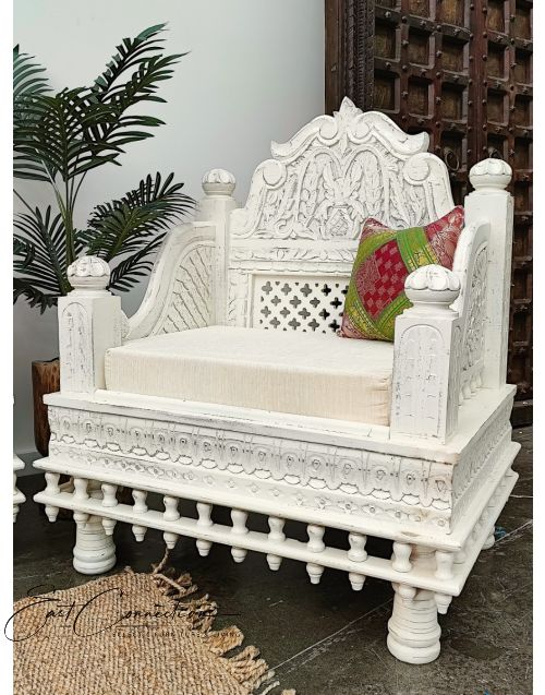 Vintage White Hand Carved Solid Timber Indian Daybed Chair
