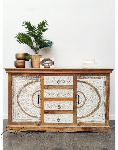 French Provincial White Hand Carved Floral Sideboard Buffet