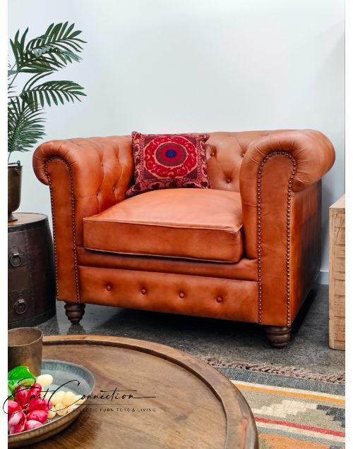 Tan Top Grain Leather Chesterfield Sofa Armchair 
