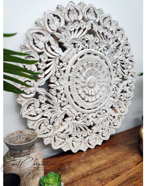 Round White Hand Carved Antique Timber Wall Art
