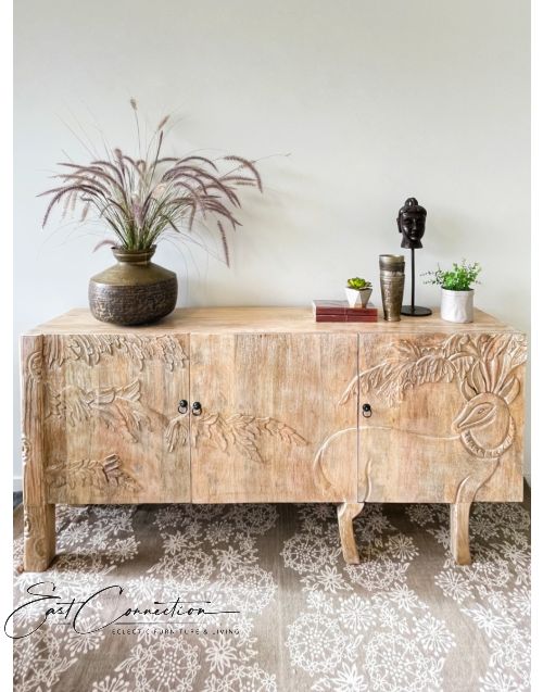 Shabby Chic Hand Carved Timber Forest Buffet Deer Sideboard Cabinet