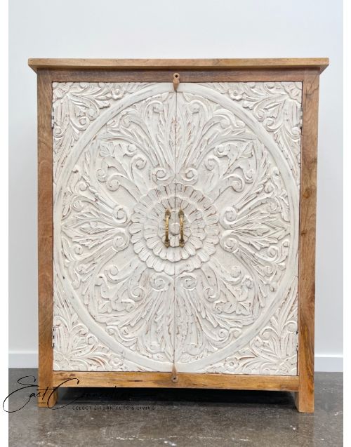 Shabby Chic Hand Carved White Mandala Door TImber Storage Cabinet