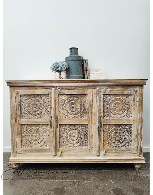 Distressed Timber Shabby Chic Hand Carved Floral Three Door Sideboard