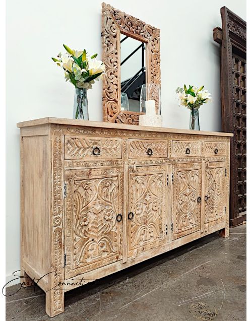 Distressed Timber French Provincial Floral Carved Sideboard Buffet
