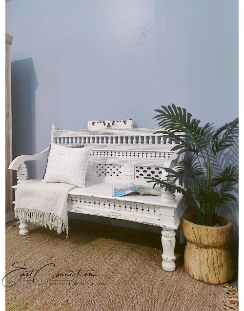 Vintage White Rustic Hand Carved Timber Indian Bench
