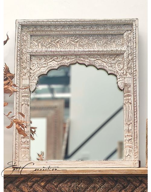 Distressed White Indian Mehrab Antique Timber Wall Mirror
