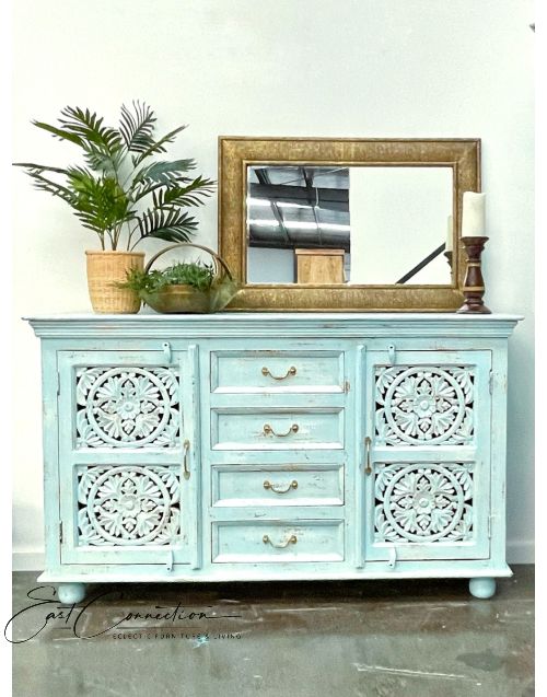 Blue Shabby Chic Mandala Timber Carved Sideboard Cabinet