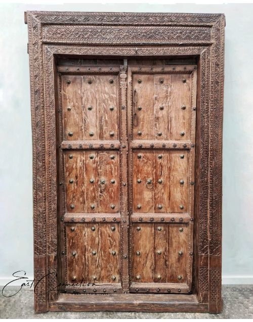 Antique Timber Indian Studded Door Hand Carved Doorway