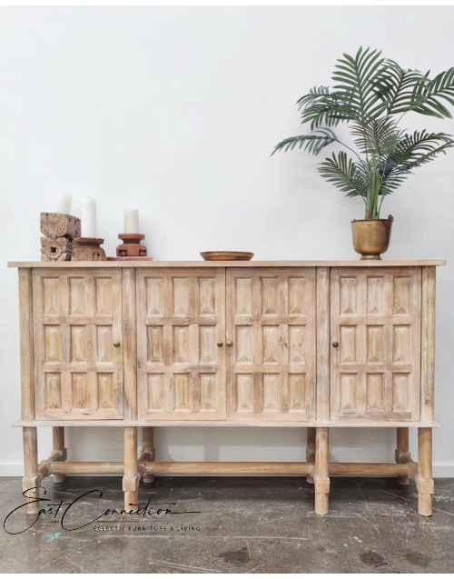 Hand Carved Washed Solid Timber Hamptons High Buffet Cabinet