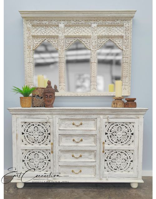 Sandblasted White Shabby Chic Mandala Carved Timber Sideboard Cabinet