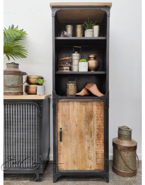 Industrial Metal and Timber Display Shelf Cabinet