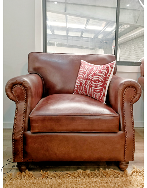 Brown Top Grain Leather Roll Arm Sofa Armchair