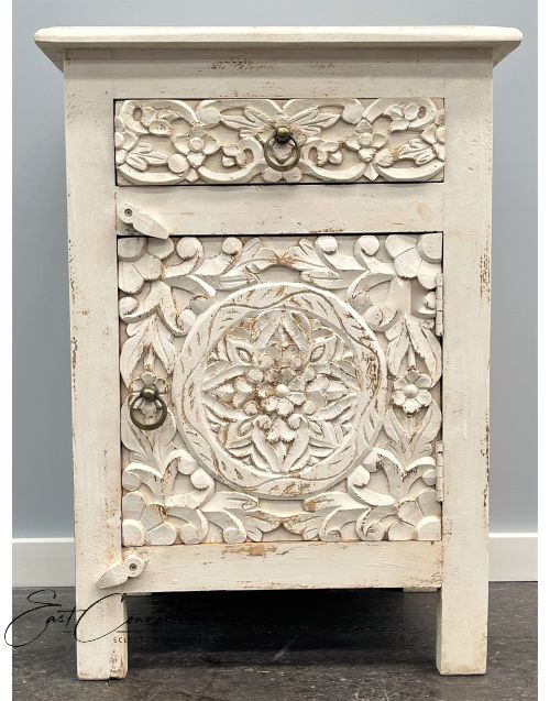 Hand Carved White Mandala French Country Bedside Nightstand Side Table