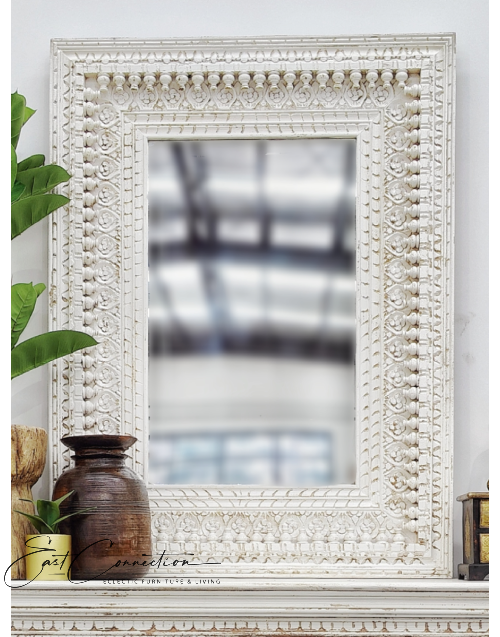White Indian Hand Carved Shabby Chic Solid Timber Wall Mirror