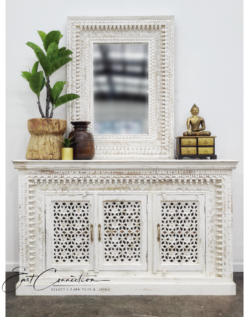 Distressed White Hand Carved Timber Sideboard Cabinet