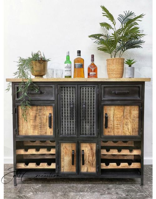 Vintage Industrial Metal & Timber Buffet Wine Cabinet