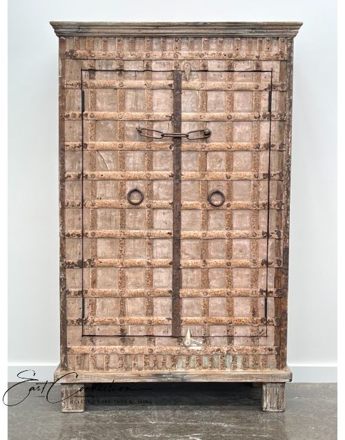 Whitewashed Indian Antique Timber & Metalwork Wardrobe Cabinet