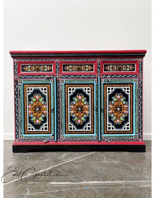 Black Hand Painted Indian Floral Sideboard