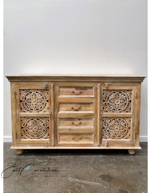 Distressed Shabby Chic Mandala Timber Carved Sideboard Cabinet