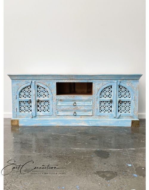Distressed Blue Shabby Chic Embossed Brass Entertainment Unit