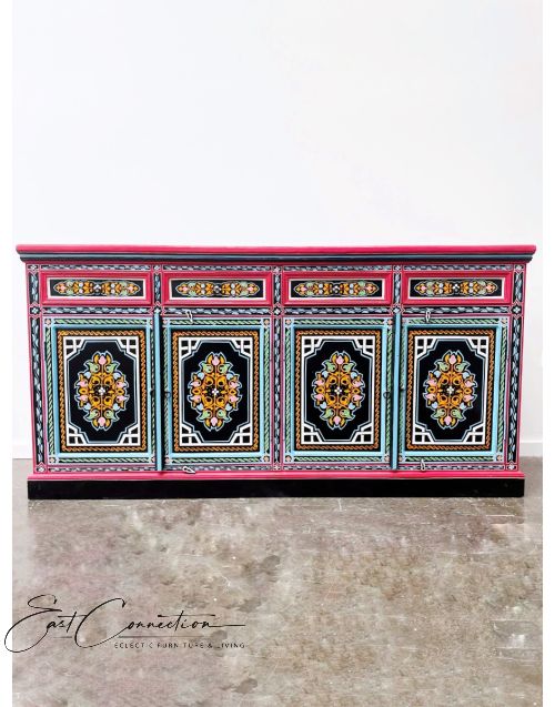 Black Hand Painted Indian Floral Buffet Sideboard