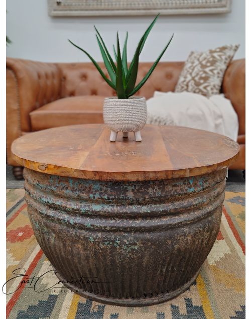 Rustic Recycled Timber Top Vintage Industrial Round Metal Coffee Table