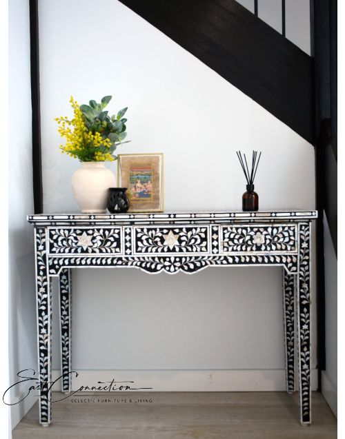 Black Genuine Mother of Pearl Inlay Console Hall Table