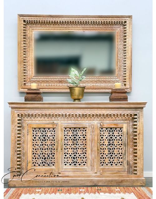 Distressed Timber Hand Carved Latticework Sideboard Cabinet