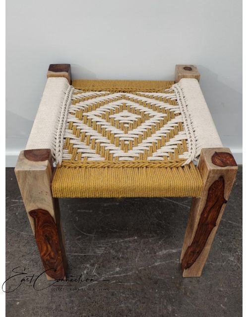 Timber Indian Handwoven Yellow & Natural Cotton Charpoy Stool