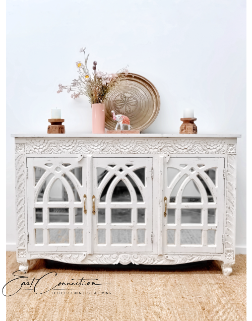 White Carved French Provincial Mirror Door Sideboard